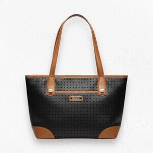 Marc Fisher Black Tan Perforated Tote Bag Zip Shoulder Purse Large Shopper Bag